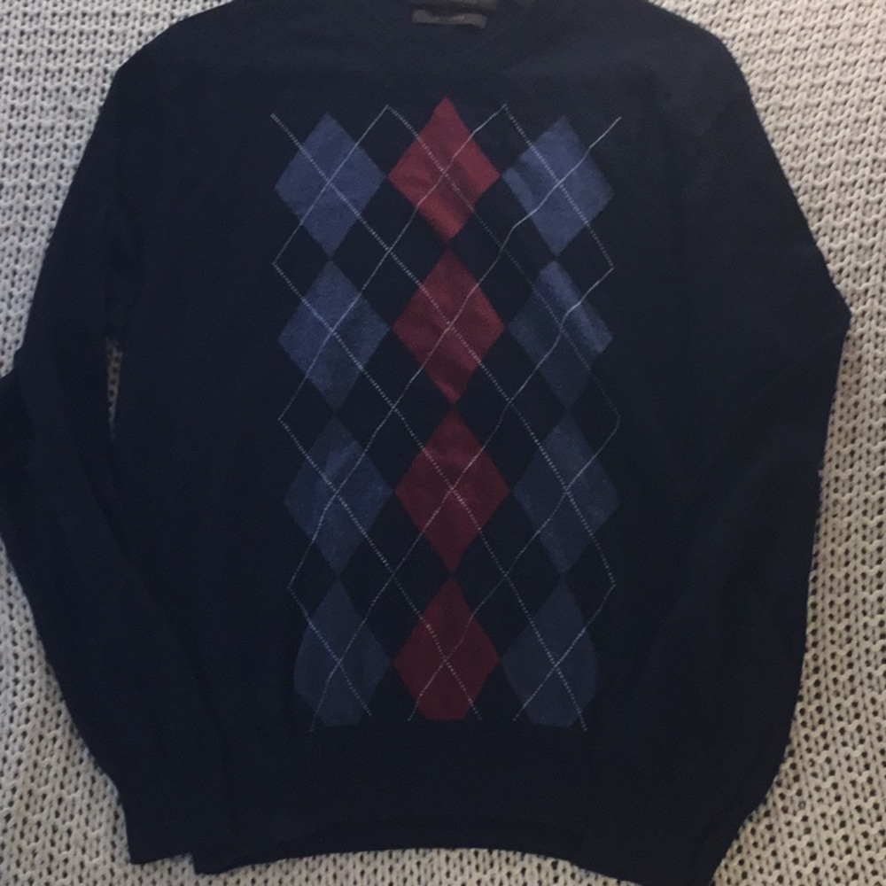 Sebastian Cooper cashmere blend Navy and Red V-neck Argyle Sweater size medium